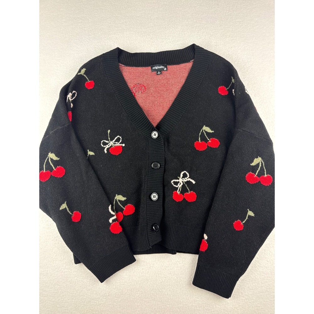 Originality Black Cherry Bow Print V-Neck Button Front Cardigan Sweater Small